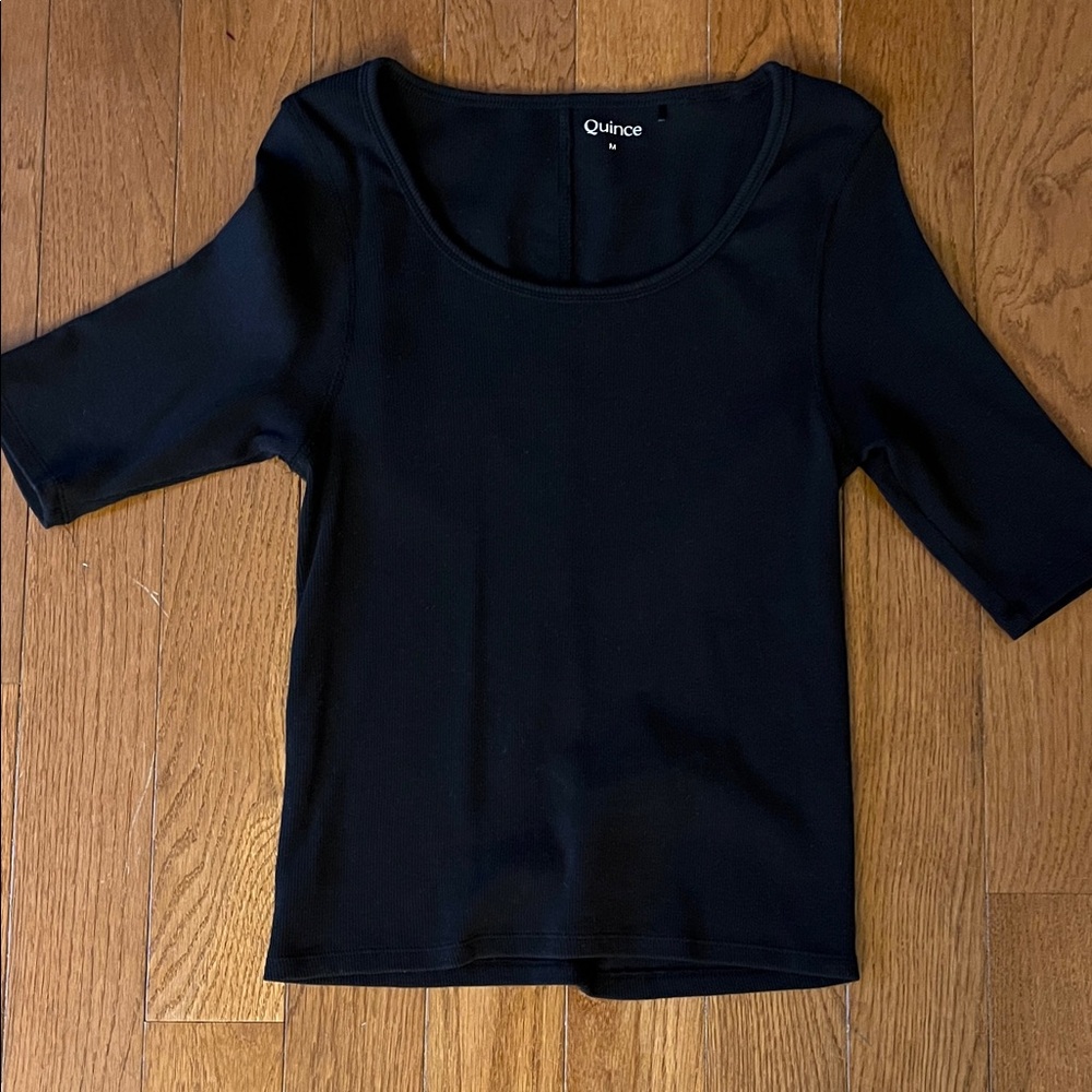 Quince Black Organic Cotton Micro-Rib Elbow Sleeve Tee